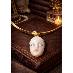 Vintage ADAGIO Porcelain Face Pendant Necklace Hinged Collar Choker 1980s Signed